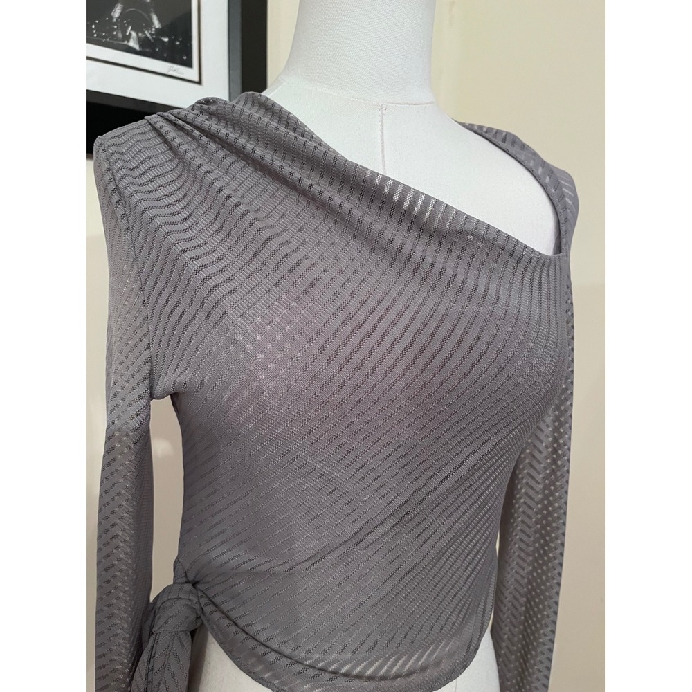 NWT Maniere De Voir Grey Mesh Asymmetric Cutout Wrap Crop Top Long Sleeve US 8 - Picture 5 of 8